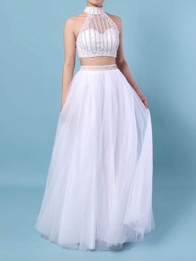 A-line High Neck Tulle Floor-length Beading Prom Dresses #Milly020104571