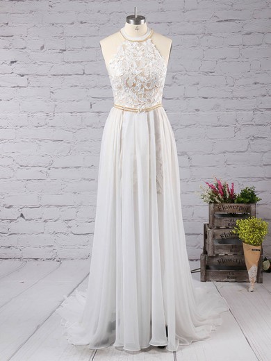 A-line Halter Chiffon Sweep Train Beading Prom Dresses #Milly020104575
