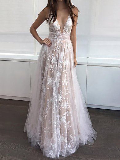 Ball Gown/Princess Floor-length V-neck Lace Tulle Prom Dresses #Milly020104576