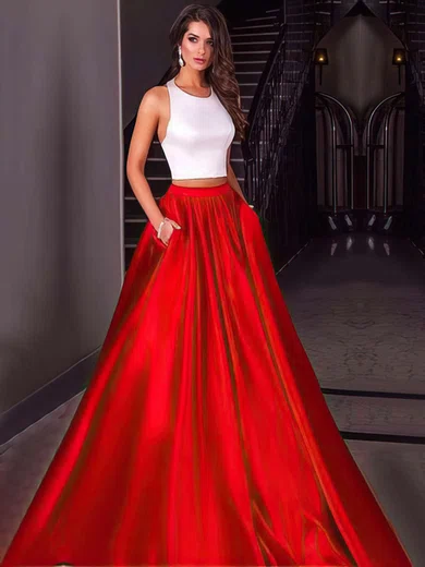 Ball Gown Halter Satin Floor-length Pockets Prom Dresses #Milly020104589
