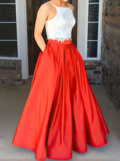Ball Gown Square Neck Satin Two Piece Prom Dresses With Appliques #Milly020104587