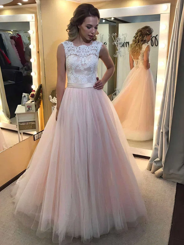 Ball Gown Scalloped Neck Tulle Floor-length Appliques Lace Prom Dresses #Milly020104585