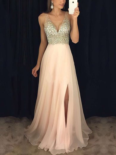 A-line Floor-length V-neck Chiffon Beading Prom Dresses #Milly020104583