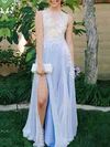 A-line Scoop Neck Chiffon Floor-length Appliques Lace Prom Dresses #Milly020104582