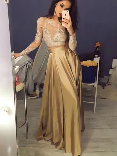 A-line Floor-length Scoop Neck Lace Silk-like Satin Prom Dresses #Milly020104577