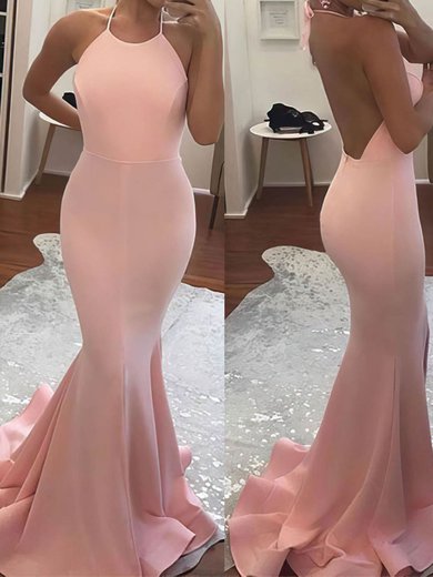 Trumpet/Mermaid Sweep Train Halter Jersey Prom Dresses #Milly020104609