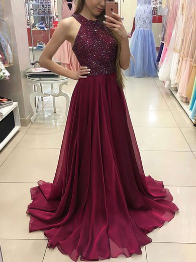 A-line Sweep Train Scoop Neck Chiffon Beading Prom Dresses #Milly020104608