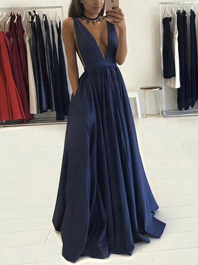 A-line Floor-length V-neck Satin Pockets Prom Dresses #Milly020104605