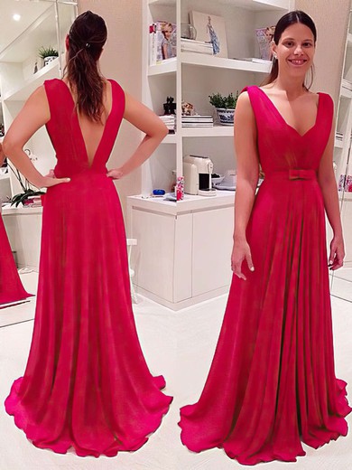 A-line V-neck Chiffon Floor-length Ruffles Prom Dresses #Milly020104598