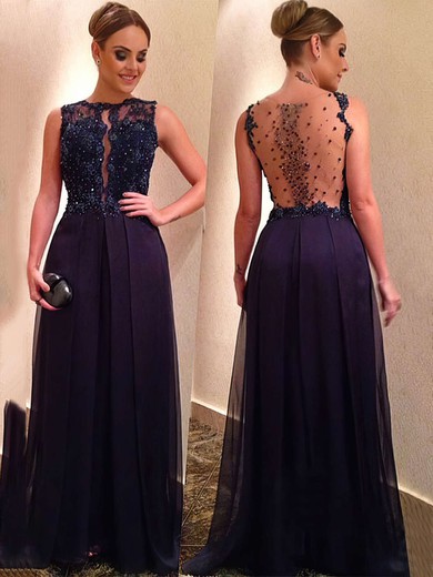 A-line Scoop Neck Chiffon Floor-length Beading Prom Dresses #Milly020104595