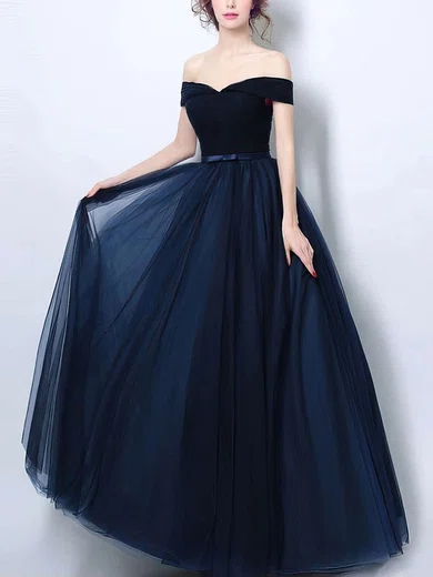 Princess Off-the-shoulder Tulle Floor-length Sashes / Ribbons Prom Dresses #Milly020104834