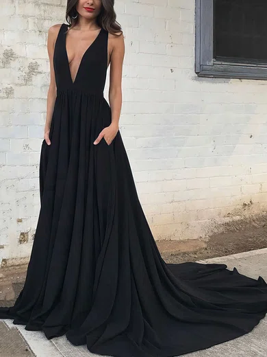Princess V-neck Silk-like Satin Sweep Train Pockets Prom Dresses #Milly020104837
