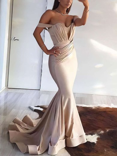 Trumpet/Mermaid Off-the-shoulder Jersey Sweep Train Prom Dresses With Ruffles S020104844