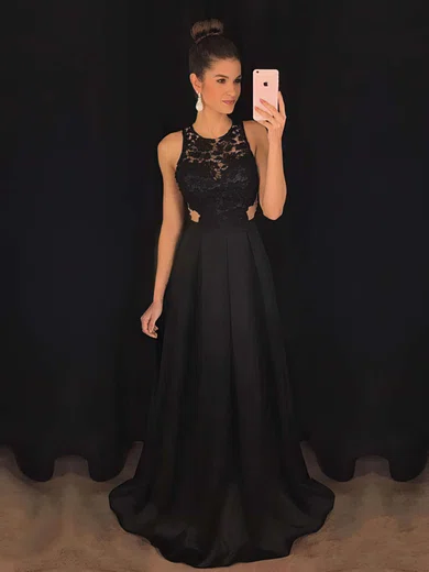 A-line Scoop Neck Satin Sweep Train Appliques Lace Prom Dresses #Milly020104848