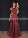 A-line Scoop Neck Satin Sweep Train Appliques Lace Prom Dresses #Milly020104848