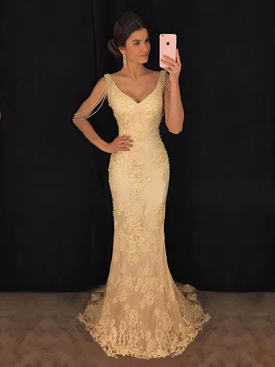 Sheath/Column V-neck Lace Floor-length Beading Prom Dresses #Milly020104849