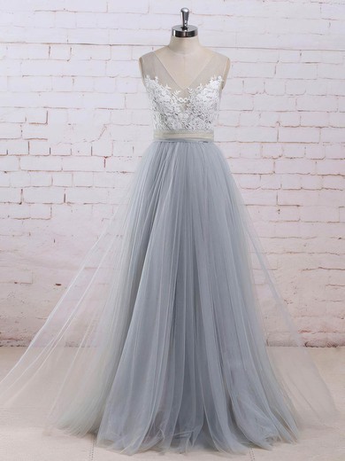 Princess V-neck Tulle Floor-length Appliques Lace Prom Dresses #Milly020104853