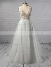 Princess V-neck Tulle Floor-length Beading Prom Dresses #Milly020104855