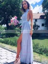A-line Halter Chiffon Floor-length Split Front Prom Dresses #Milly020104857