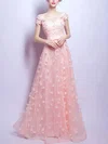 A-line Off-the-shoulder Tulle Floor-length Appliques Lace Prom Dresses #Milly020104867
