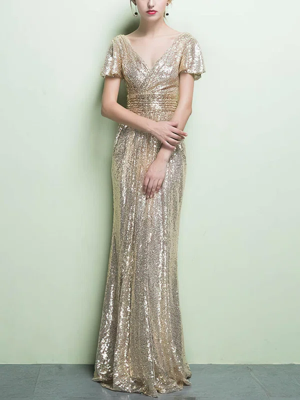 Sheath/Column V-neck Sequined Floor-length Ruffles Prom Dresses #Milly020104869
