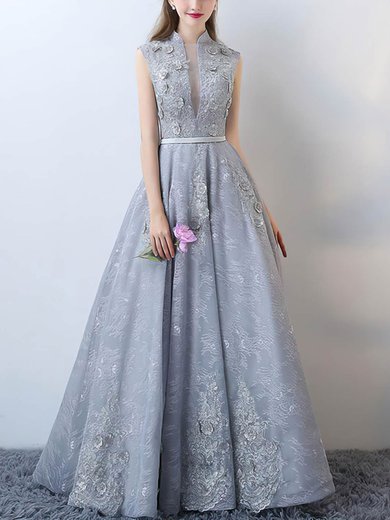 Princess High Neck Lace Tulle Floor-length Appliques Lace Prom Dresses #Milly020104870