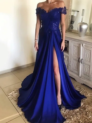 A-line Off-the-shoulder Satin Prom Dresses With Appliques #Milly020104879