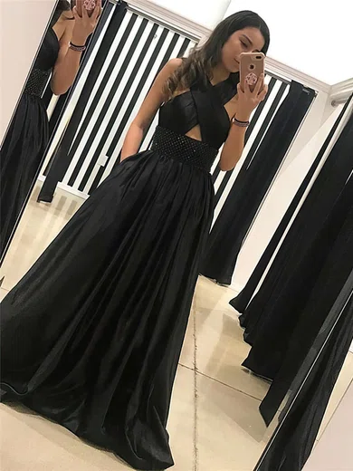 A-line Scoop Neck Satin Floor-length Pockets Prom Dresses #Milly020104880