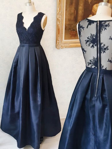 Princess V-neck Satin Floor-length Appliques Lace Prom Dresses #Milly020104882