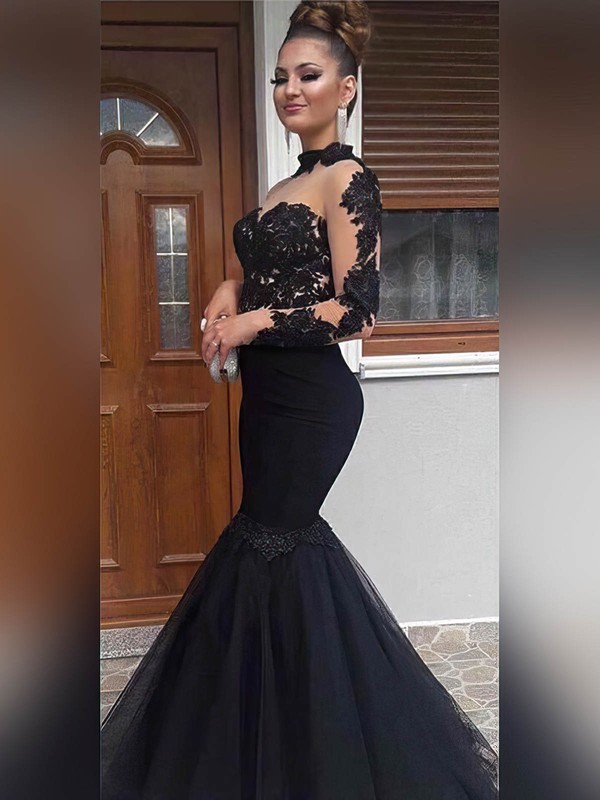 Trumpet/Mermaid High Neck Tulle Floor-length Appliques Lace Prom ...