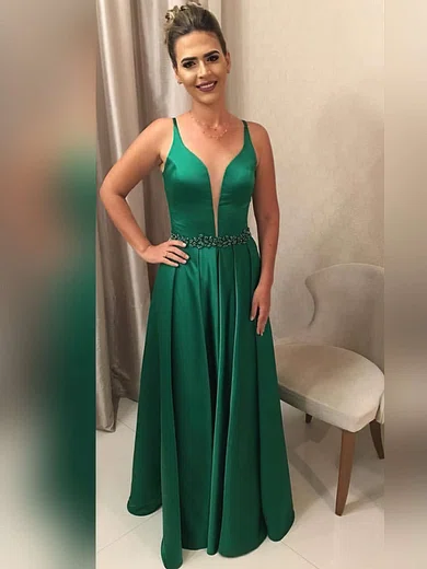 A-line V-neck Satin Floor-length Beading Prom Dresses #Milly020104888