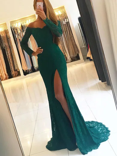 Dark green discount lace prom dress