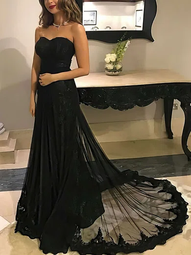 A-line Sweetheart Tulle Sweep Train Appliques Lace Prom Dresses #Milly020104894
