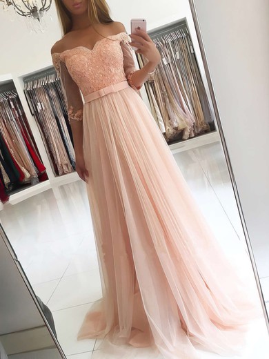 A-line Off-the-shoulder Tulle Floor-length Appliques Lace Prom Dresses #Milly020104905