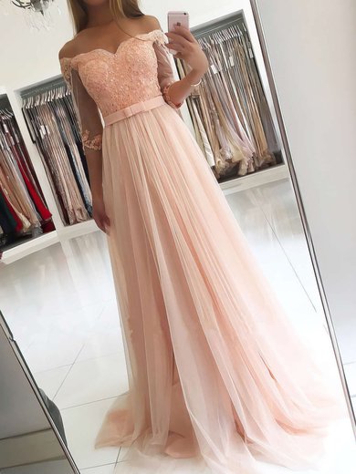 A-line Off-the-shoulder Tulle Floor-length Prom Dresses With Appliques Lace #Milly020104905