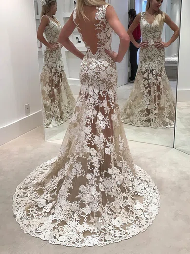Mermaid V-neck Backless Tulle Prom Dresses With Appliques #Milly020104906