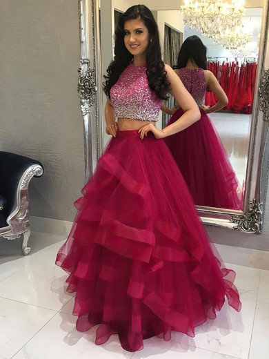 A-line Scoop Neck Tulle Floor-length Beading Prom Dresses #Milly020104914