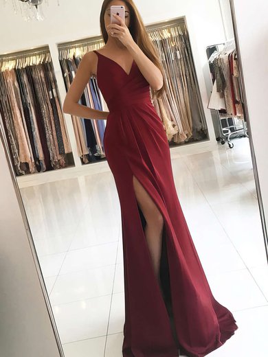 Sheath/Column Floor-length V-neck Silk-like Satin Ruffles Prom Dresses #Milly020104919