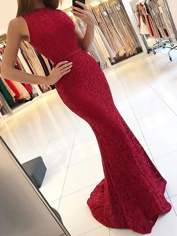 Trumpet/Mermaid High Neck Lace Sweep Train Sashes / Ribbons Prom Dresses #Milly020104921
