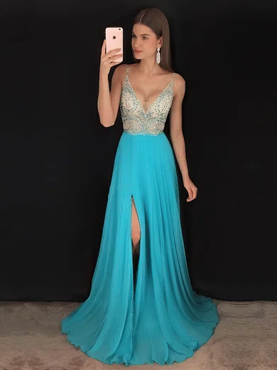 A-line V-neck Chiffon Sweep Train Beading Prom Dresses #Milly020104925