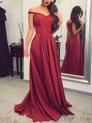 A-line Sweep Train Off-the-shoulder Silk-like Satin Sashes / Ribbons Prom Dresses #Milly020104929