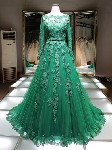 Ball Gown Illusion Long Sleeves Tulle Prom Dresses With Appliques #Milly020104931