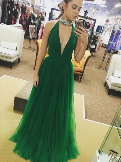 A-line High Neck Tulle Floor-length Beading Prom Dresses #Milly020104935