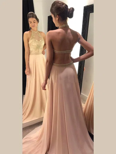 A-line Halter Chiffon Sweep Train Beading Prom Dresses #Milly020104938
