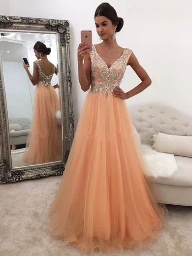 A-line V-neck Tulle Floor-length Beading Prom Dresses #Milly020104940
