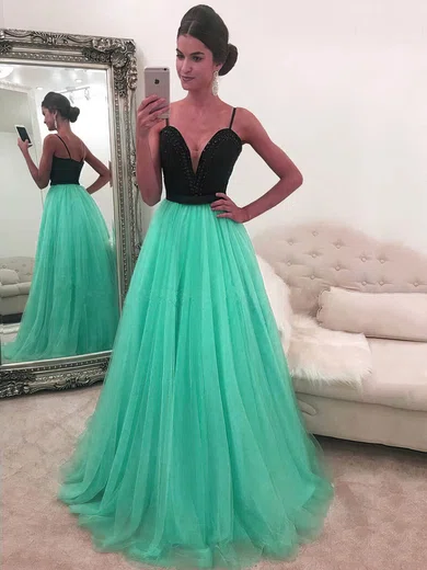 Princess V-neck Tulle Floor-length Beading Prom Dresses #Milly020104942