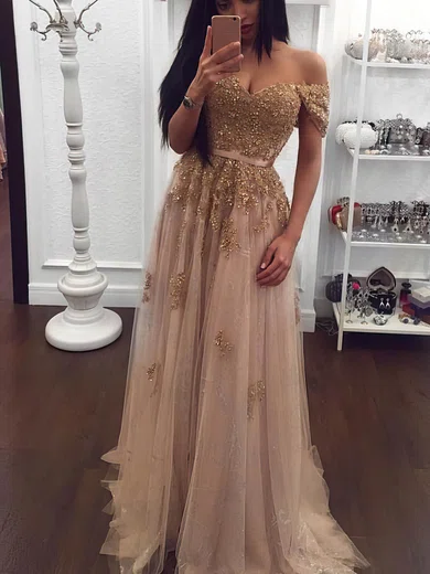 A-line Off-the-shoulder Tulle Floor-length Appliques Lace Prom Dresses #Milly020104947