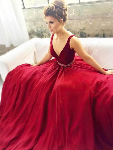 Princess V-neck Chiffon Velvet Sweep Train Beading Prom Dresses #Milly020104953