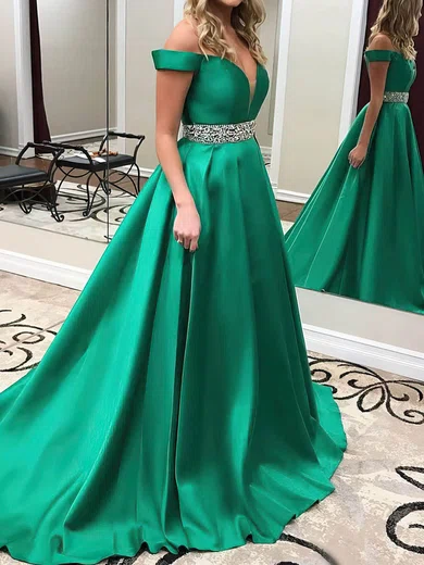 Ball Gown Off-the-shoulder Satin Prom Dresses With Beading #Milly020104954