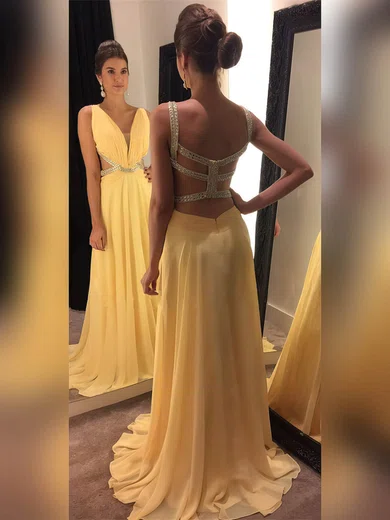A-line V-neck Chiffon Sweep Train Beading Prom Dresses #Milly020104956